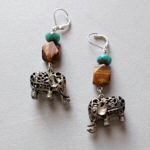 Silver Elephant Earrings with Brown and Green Accents